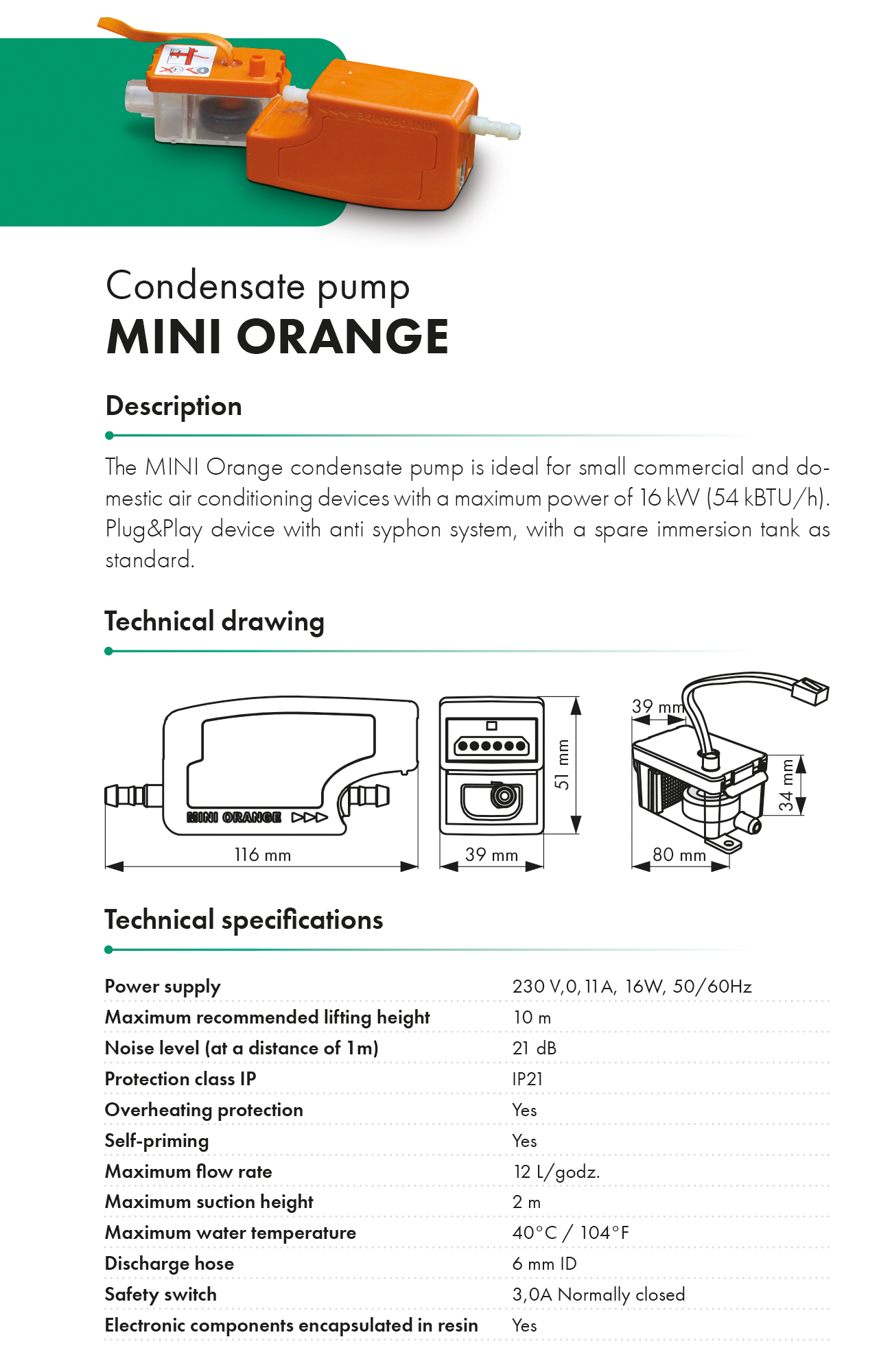 Condensate pump Mini orange Havaco catalogue card